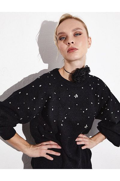 Kayra Bluză neagră cu mâneci raglan din piatră și perle