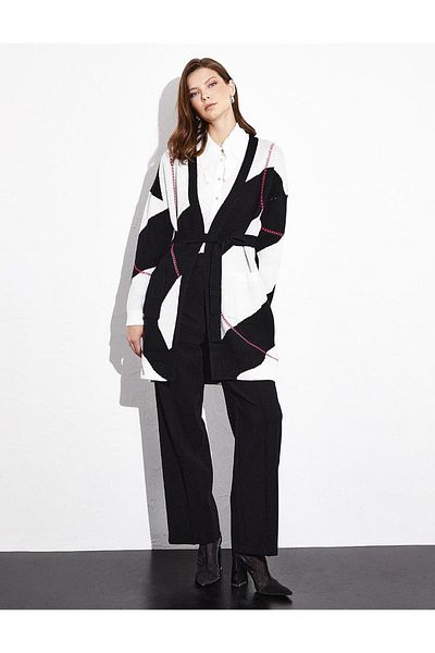 Kayra Exclusive Belted Garnished Knitwear Cardigan Black Optical White