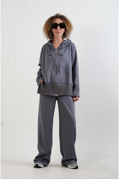 Zelish My Sister Gray Zippered Modal Sweatshirt Wide Leg Trousers Set