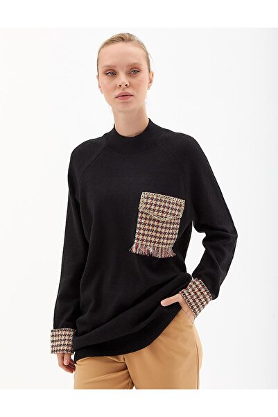 Kayra Yarım Balıkçı Yaka Kazayağı Garnili Triko Tunik Siyah