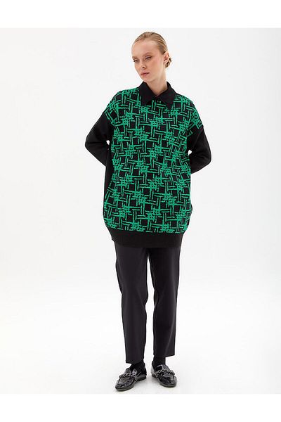 Kayra Abstract Patterned Black Knitwear Tunic - Crew Neck
