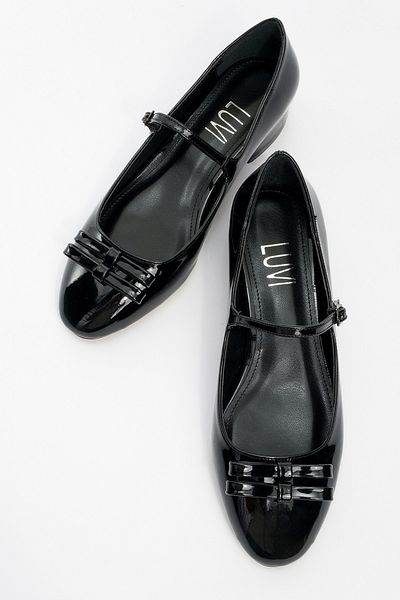 LuviShoes Stela Black Patent Leather Bow Women's Heeled Ballerina Shoes