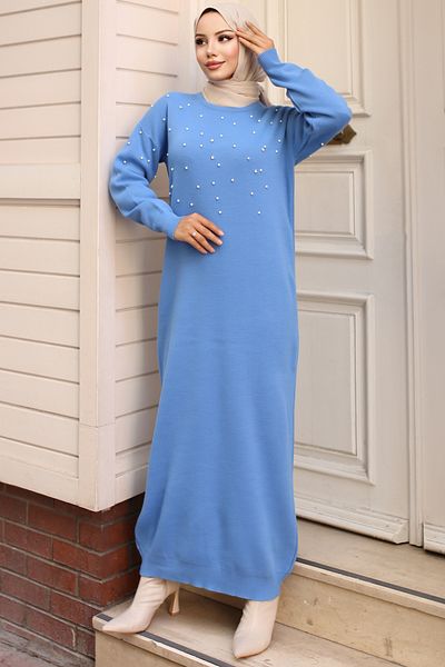 benguen 6079 Rochie de tricotaj albastră - Detaliu perlat