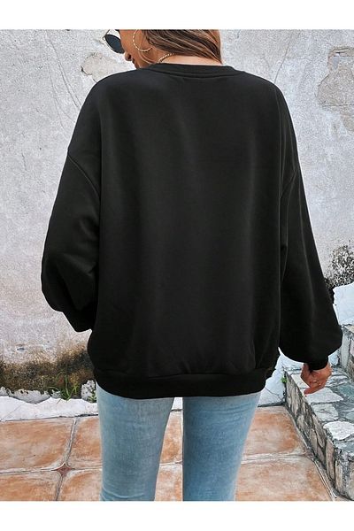 Pink Sky Set of 5 Heart Printed Crew Neck Unisex Black Oversize Sweatshirts