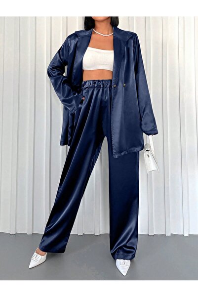 Moda ZR Women's Satin Navy Blue 2-Piece Set Large Size