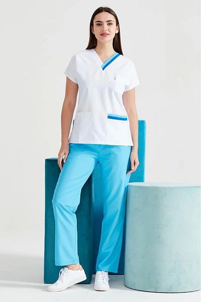 Moodamedikal Alpaca Double Piping Thick Fabric - Turquoise and Saxe Blue White Colored Surgical Single Top Jersey