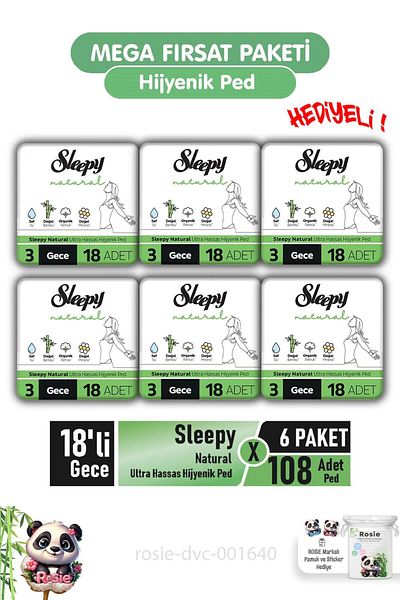 Sleepy فوط صحية طبيعية فائقة الحساسية - 18 عبوة ليلية × 6 عبوات وROSIE