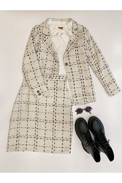 KÜÇÜĞÜM BUTİK Білий тувіт Жакет Спідниця Комплект Жакет Спідниця Комплект