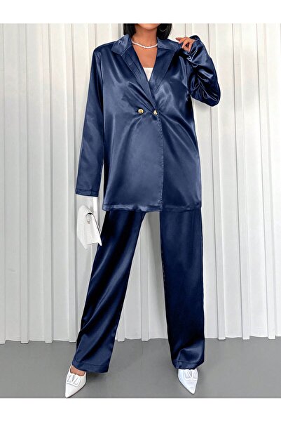 Moda ZR Women's Satin Navy Blue 2-Piece Set Large Size