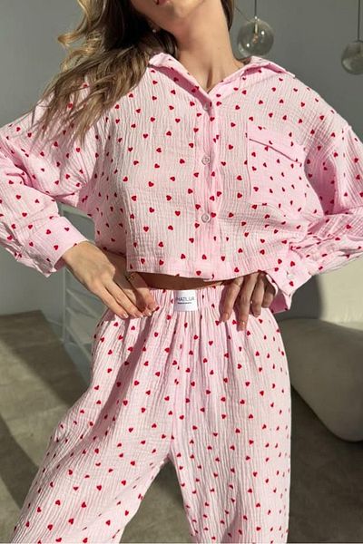 PEMBİŞ HOMEWEAR Beatiful Crinkle Love-Pink Knitted Special Fabric Pajama Set