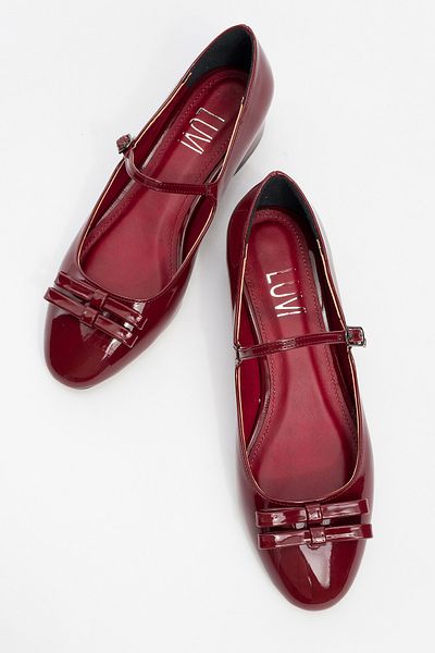 LuviShoes Stela Claret Red Patent Leather Bow Women's Heeled Ballerina Shoes
