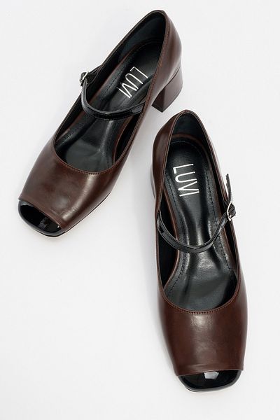 LuviShoes Apena Brown Skin-Black Patent Leather Women's Short Heeled Shoes