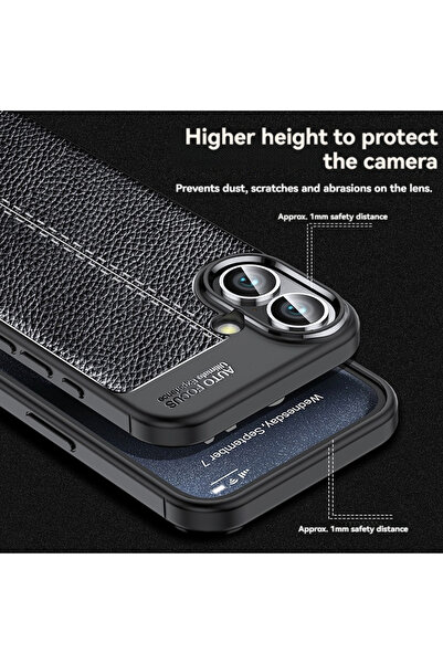 Fibaks Apple iPhone 16 Case Camera Protruding Leather Look Stitching Pattern Protective Cover Case