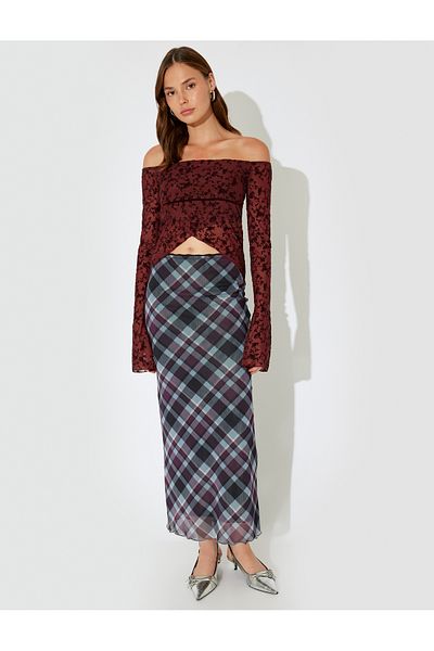Koton X Inji - Boat Neck Floral Asymmetrical Cut Long Sleeve Tulle T-Shirt