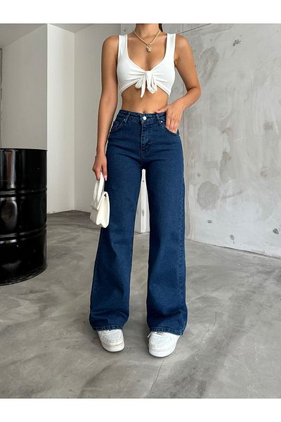 BİKELİFE Marineblaue Palazzo-Jeans mit hoher Taille