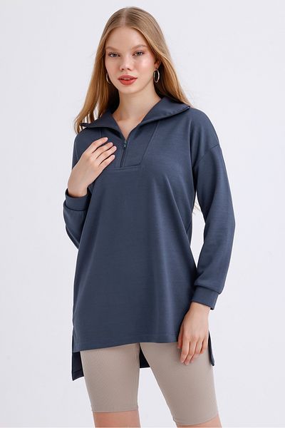 MD trend Women's Zippered Collar Slit Detail Long Back Oversize Modal Sweatshirt