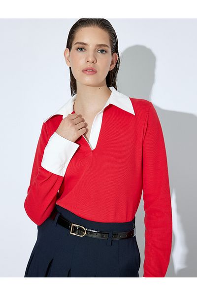 Koton Polo Neck Knitwear Sweater Color Contrast Double Fabric Use Long Sleeve