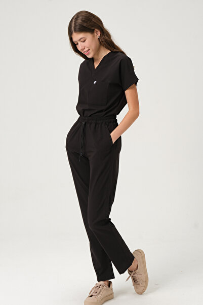 Pratik Medikal Likralı Scrubs Siyah Yarasa Kol Doktor Hemşire Forması Takım