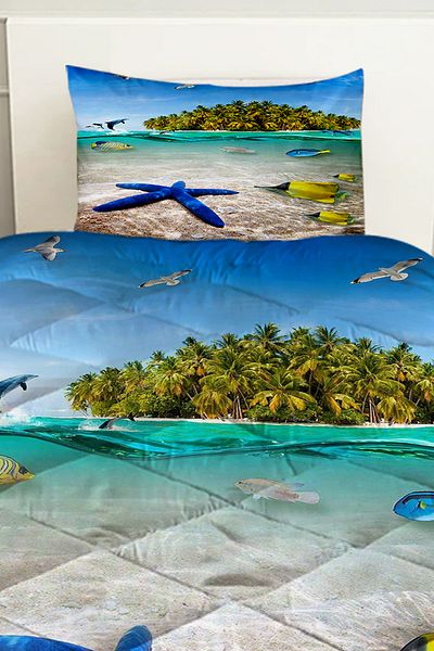 3D ELSE HALI Tropical Island Sea Patterned Double Quilted Quilt Pillow with Cover