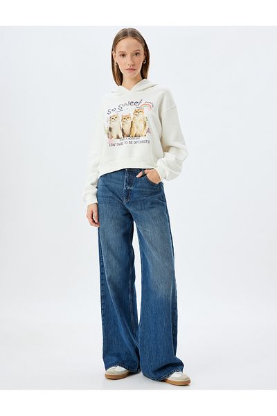 Koton Hooded Cat Printed Raster Comfortable Fit Crop Sweatshirt