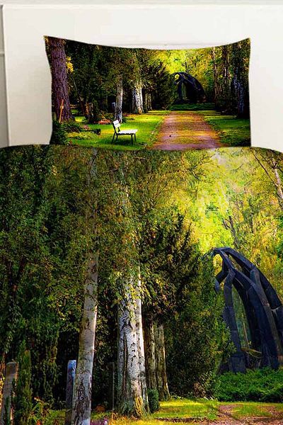 3D ELSE HALI Green Trees Park Patterned Double Quilted Quilt Pillowcase