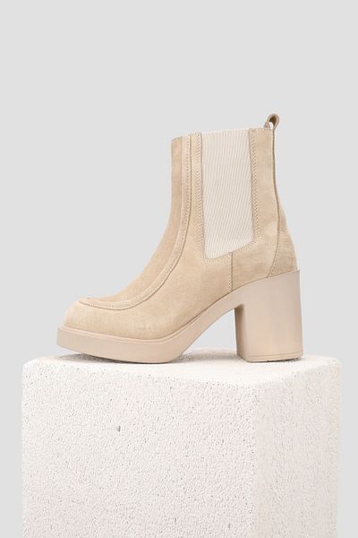 TUNAELLİ Women's Beige Suede Genuine Leather Number 36-41 Thick Heel Chelsea Boots & Booties