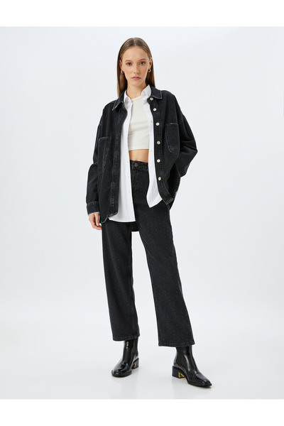 Koton Taşlı Straight Fit Normal Bel Crop Düğmeli Kot Pantolon -  Straight Fit Jean