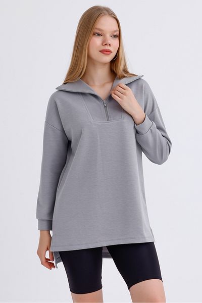 MD trend Women's Zippered Collar Slit Detail Long Back Oversize Modal Sweatshirt
