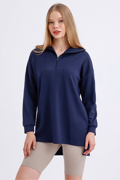 MD trend Women's Zippered Collar Slit Detail Long Back Oversize Modal Sweatshirt