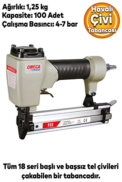Omega Çivi Tabancası Döşeme Tabancası Hafif Başlı Havalı Çivi Çakma 10-32 mm