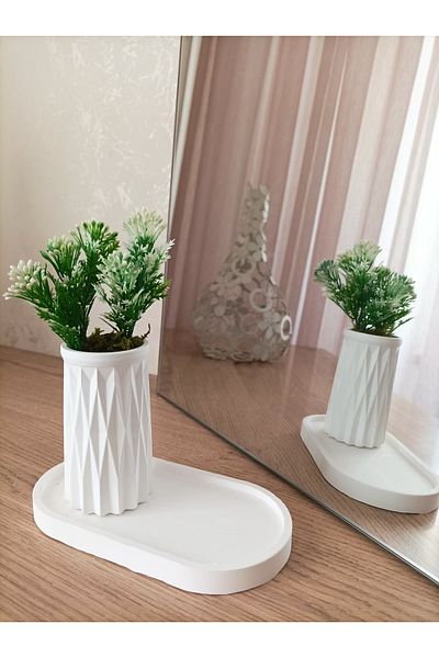 aksenbirstore وعاء خرساني صغير منقوش مفرد وطبق بيضاوي - مع هدية زهور صناعية