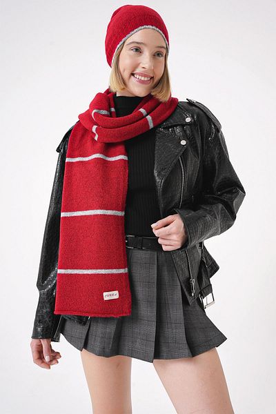 CHUBA Red Striped Soft Tuşe Beanie Set - 25W5001