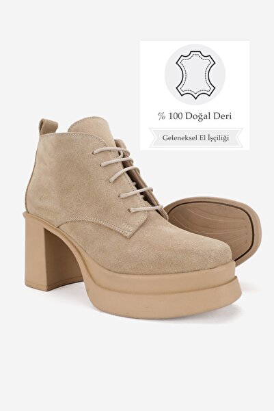 TUNAELLİ KADIN BEJ SÜET HAKİKİ DERİ 36-41 NUMARA PLATFORMLU BAĞCIKLI BOT & BOOTİE