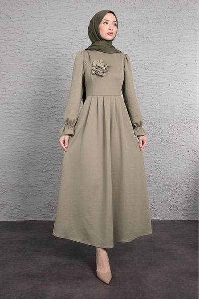 Lamia Giyim Pleated Waist Flared Cut Scuba Hijab Dress Olive Green