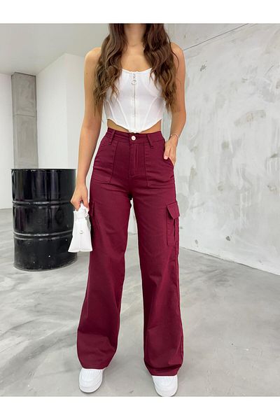 BİKELİFE Burgunder Cargo-Tasche Lycra Hohe Taille Weites Bein Hose