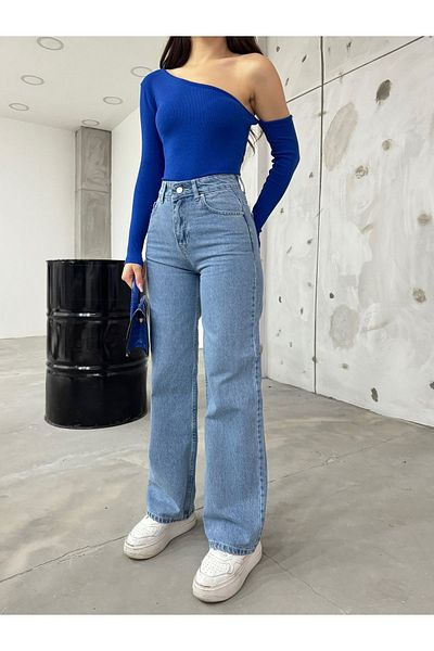 BİKELİFE Blaue Jeans mit hoher Taille und weitem Bein aus Lycra-Stretch für Damen