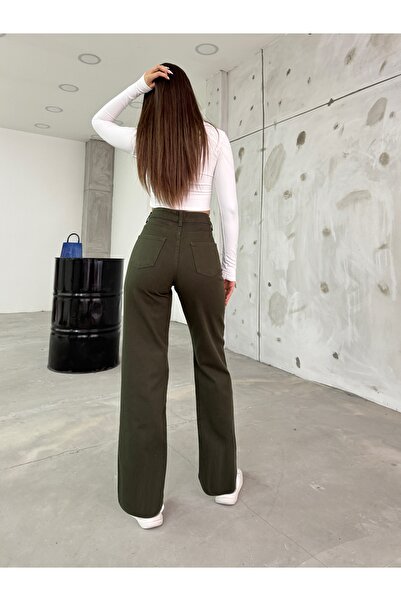 BİKELİFE Women's Khaki Wide Leg Palazzo High Waist Trousers