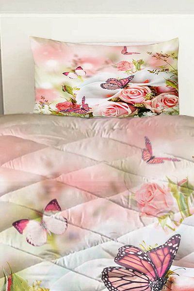 Else Halı Pink Roses Flowers Patterned Double Quilted Quilt Pillowcase