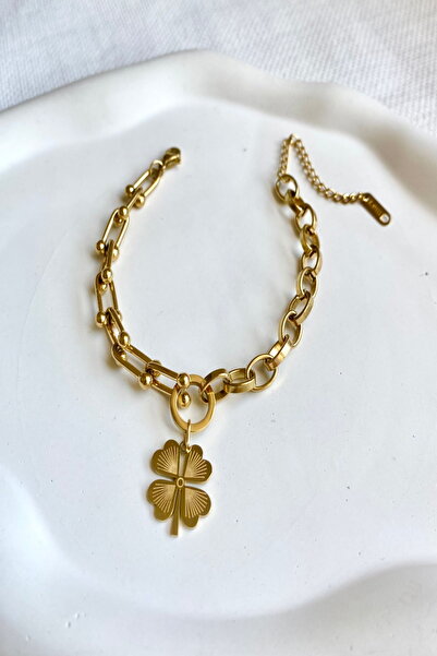 DEMOKAN Kadın Çelik Bileklik Tfany Geçme Zincir Yonca Bileklik