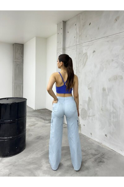 BİKELİFE Baby modré široké kalhoty s vysokým pasem a nákladní kapsou