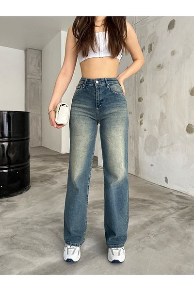 BİKELİFE Damen-Jeans im Vintage-Stil mit hoher Taille und weitem Bein in hellem Effekt