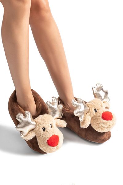 Twigy Geyik-2 Women's Waiter Size Animal Slippers Brown 34/43