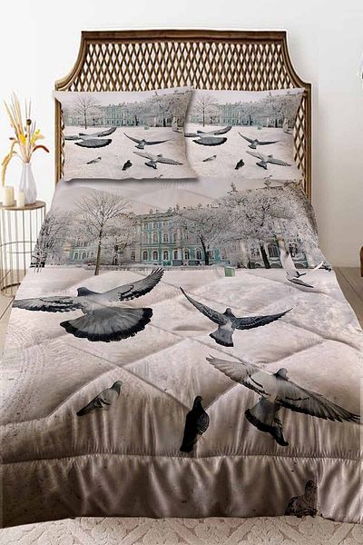 Else Dekor White Pigeon Birds Patterned Double Quilted Quilt Pillowcase