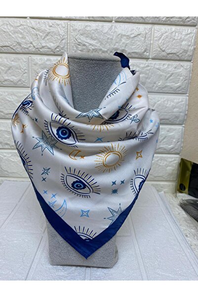 sema aksesuar Beyaz Mavi Nazar Boncuklu Göz Desenli- Güneş Ay Yıldız Desenli Rayon Kumaş Fular