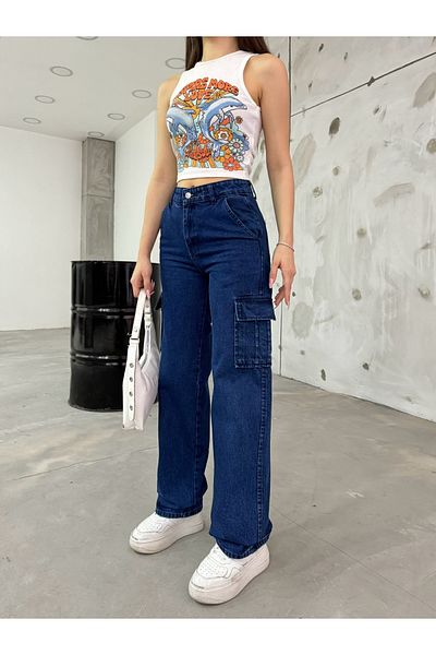 BİKELİFE Marineblaue Cargohose mit hoher Taille und weitem Bein für Damen