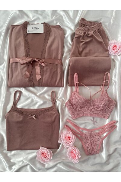 Lena Homewears Set pijamale pentru femei cu lenjerie de corp pudra și halat de catifea