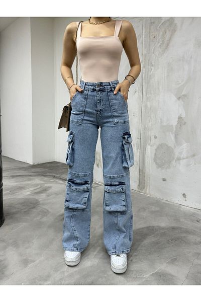 BİKELİFE Blaue Cargohose mit hoher Taille und mehreren Taschen und gerader Passform
