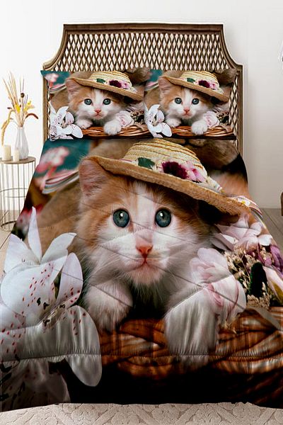Else Dekor Cat Patterned Double Quilted Quilt with Hat and Pillowcase