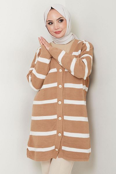 hafsamina Corded Camel Knitwear Cardigan - Striped Hm2589