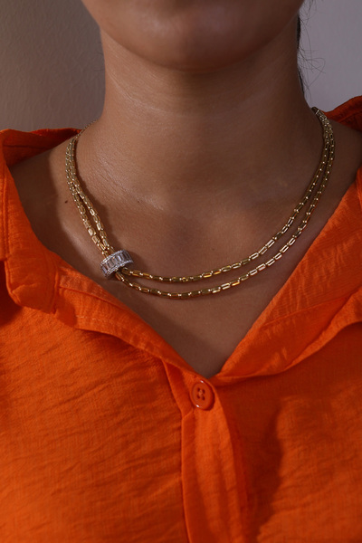 Naze Kuyumculuk 14 Ayar Altın Baget Taşlı İtalyan Kolye